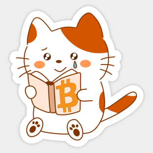 Cute kawaii cat discovers the beauty of Bitcoin, reading a book with a tear of joy Sticker